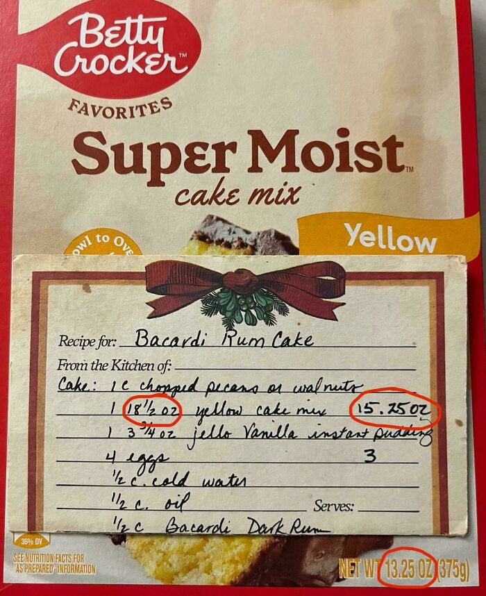 Betty Crocker cake mix showing shrinkflation with reduced product weight clearly marked on the package and recipe card.