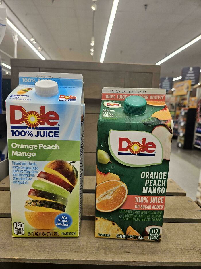 Two Dole juice cartons showing shrinkflation with reduced volume of orange peach mango 100% juice packaging.