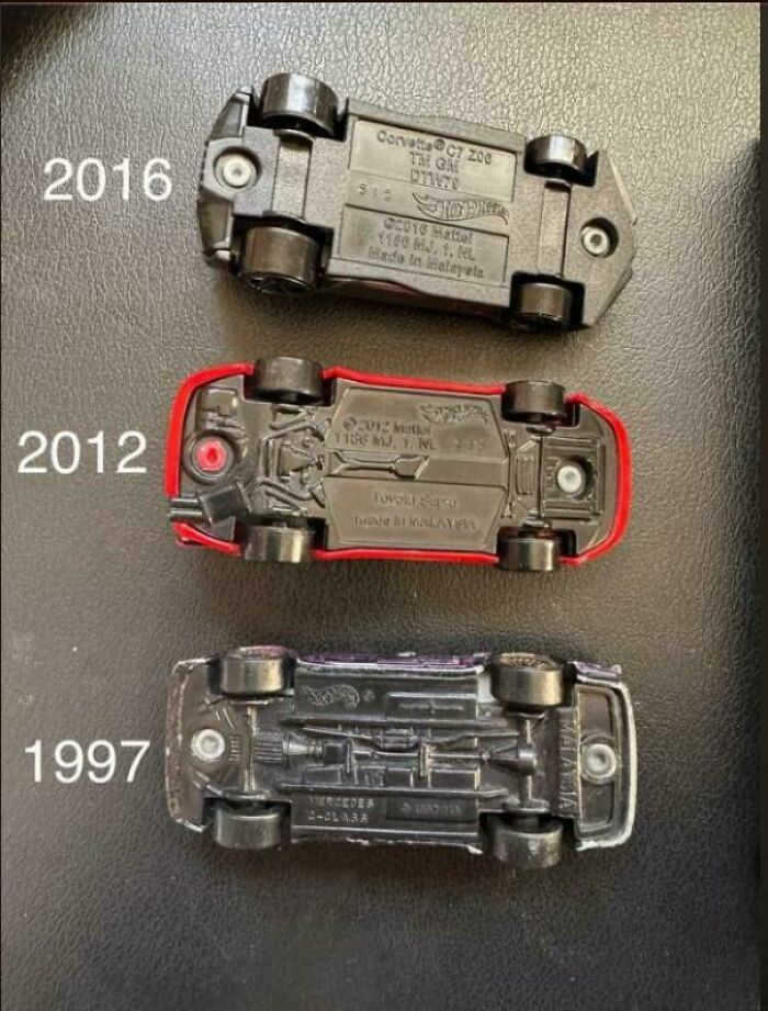 Three Hot Wheels cars from 1997, 2012, and 2016 showing shrinkflation with reduced details over time.