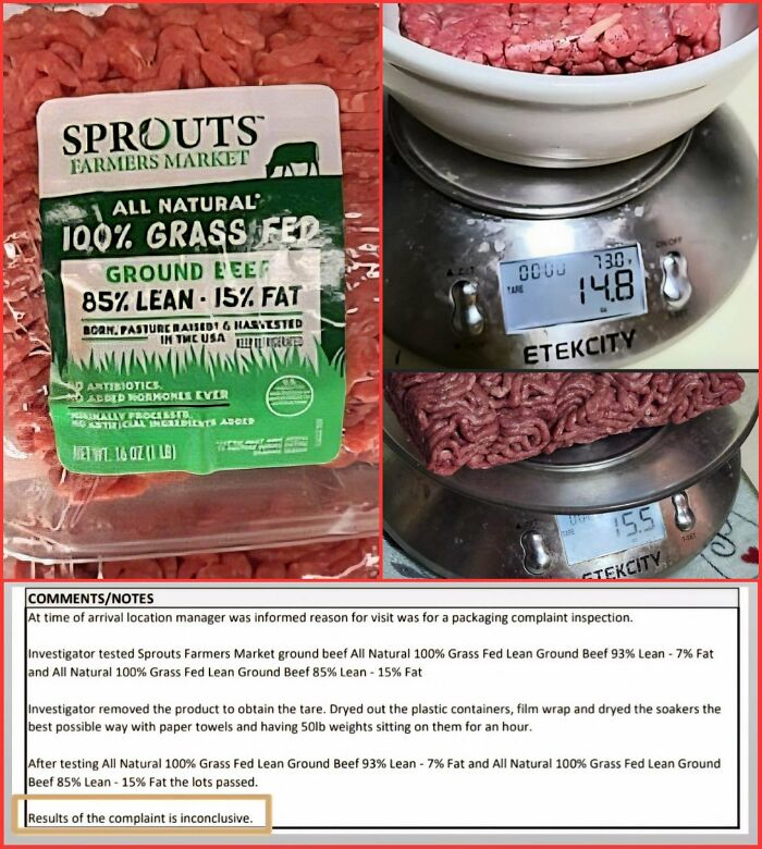 Package of ground beef with weight comparison on scale, highlighting shrinkflation in America grocery products.