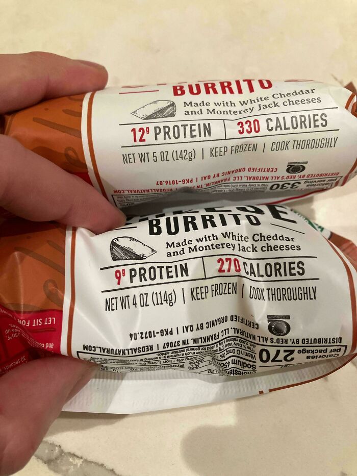 Two frozen burrito packages showing shrinkflation with reduced weight and calories in America.