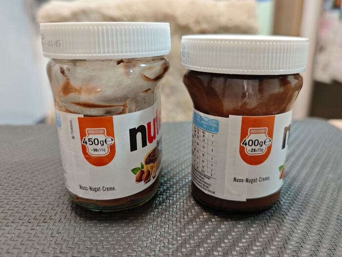 Two jars of Nutella side by side showing obvious shrinkflation with reduced product size in clear view.
