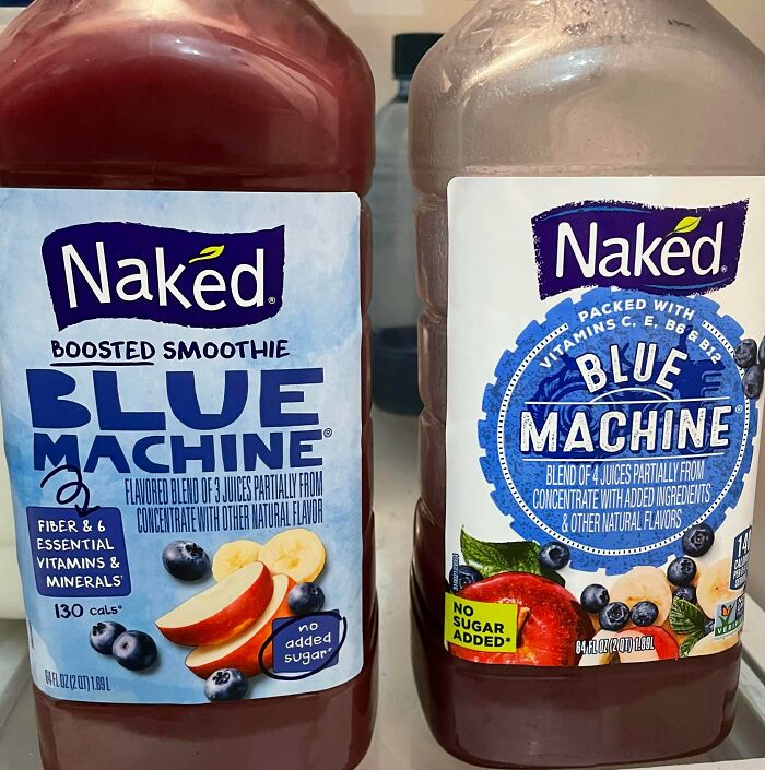 Two Naked Blue Machine smoothie bottles side by side showing shrinkflation differences in size and labeling.