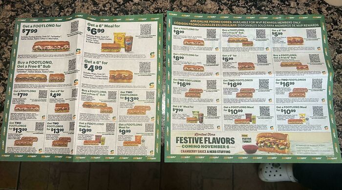 Menu coupons displaying shrinkflation in sandwich sizes and prices, illustrating obvious product downsizing in America.
