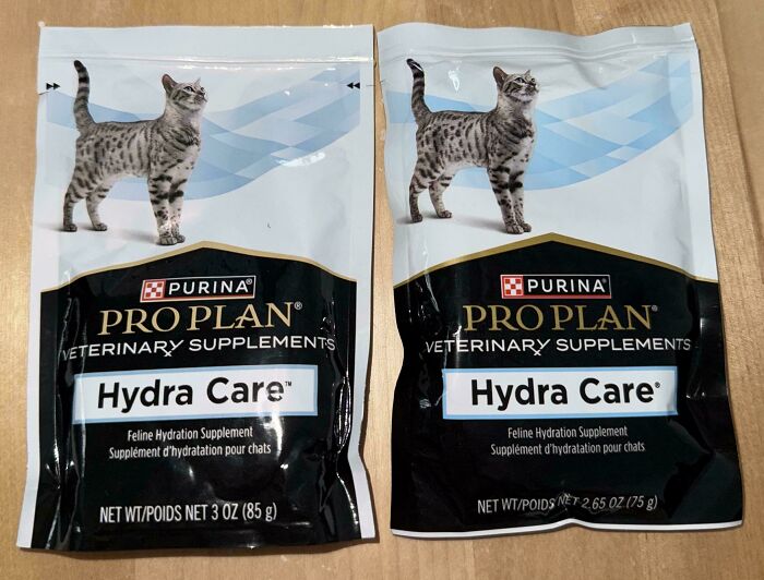 Two Purina Pro Plan Hydra Care cat supplements side by side showing shrinkflation in product size and weight.