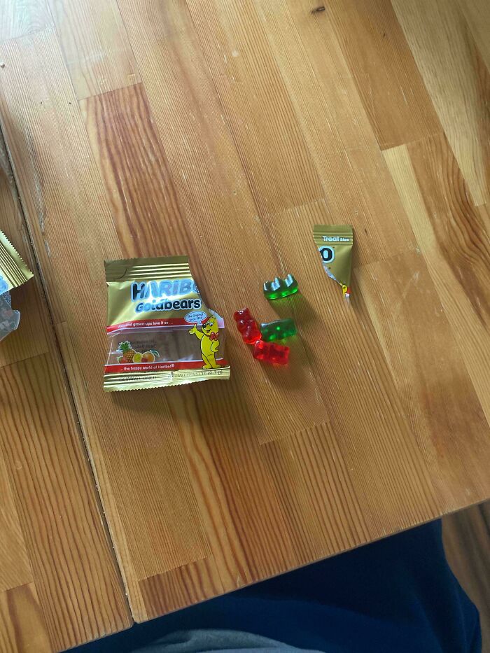 Haribo gummy bears packaging showing obvious shrinkflation with fewer gummies, highlighting product size reduction.