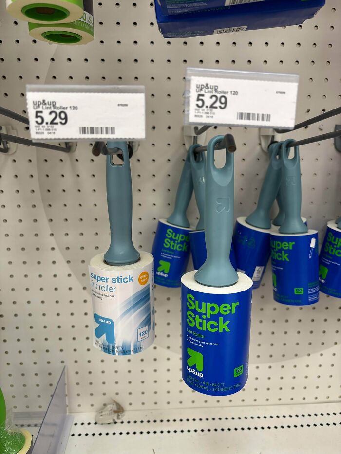 Lint rollers with different packaging but same price, illustrating obvious shrinkflation and deceptive product sizing in America.