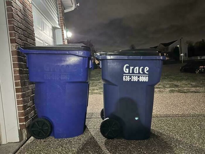 Two blue trash bins of noticeably different sizes placed side by side, illustrating shrinkflation in America.