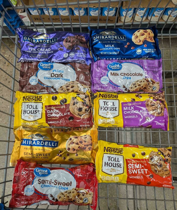 Shopping cart filled with various brands of chocolate chips illustrating shrinkflation in America products.
