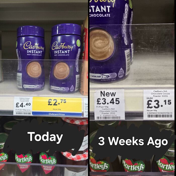 Cadbury hot chocolate powder with shrinkflation price and quantity changes over three weeks on store shelves