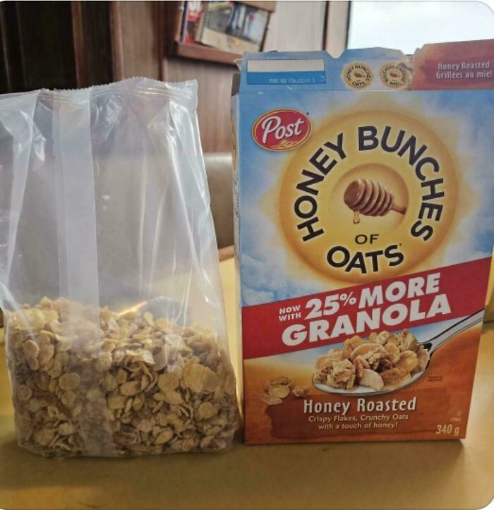 Post Honey Bunches of Oats cereal box showing shrinkflation with much less granola in the inner bag.