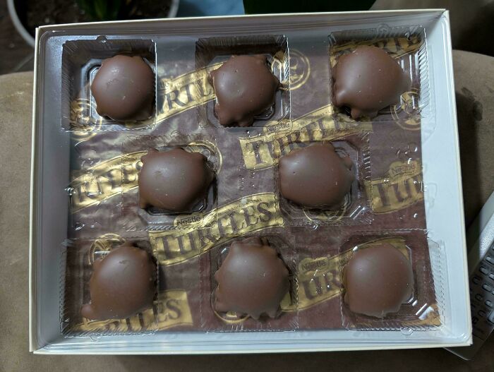 Partially empty box of Turtles chocolates showing shrinkflation, with fewer pieces than usual in packaging.