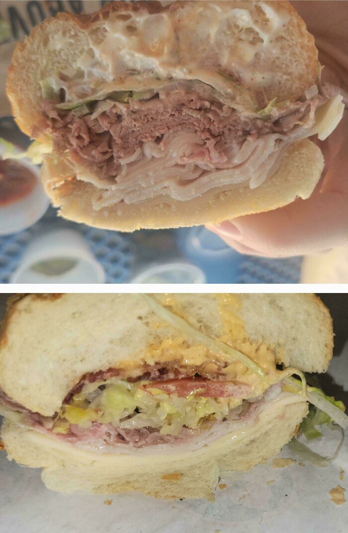 Two sandwiches showing obvious shrinkflation with noticeably less meat and fillings than expected in America.