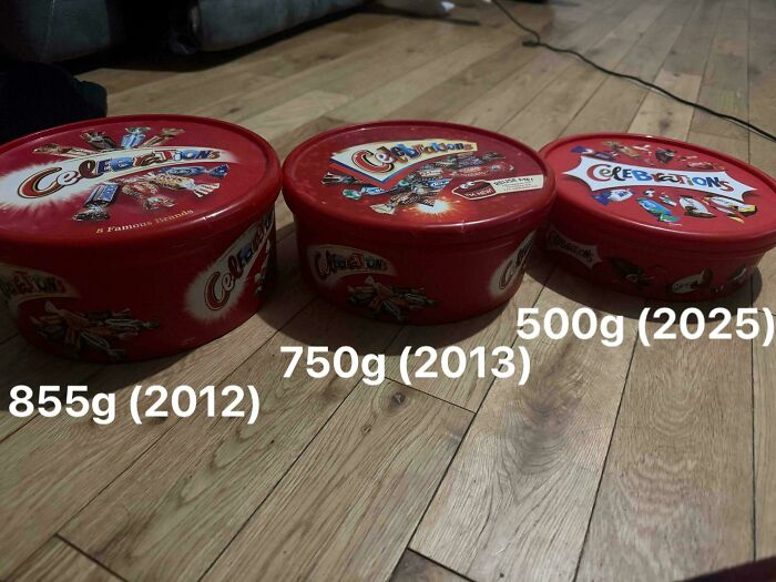 Three red celebration chocolate tins showing shrinkflation with decreasing weights from 855g in 2012 to 500g in 2025.