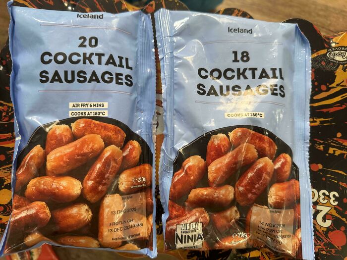 Two packs of cocktail sausages showing shrinkflation with reduced quantity in similar packaging side by side.