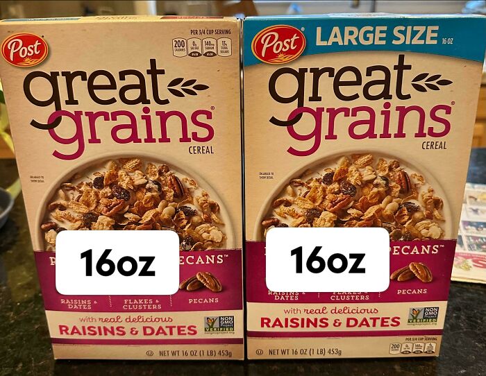 Two boxes of Great Grains cereal with identical 16oz weight highlighting shrinkflation in American products.