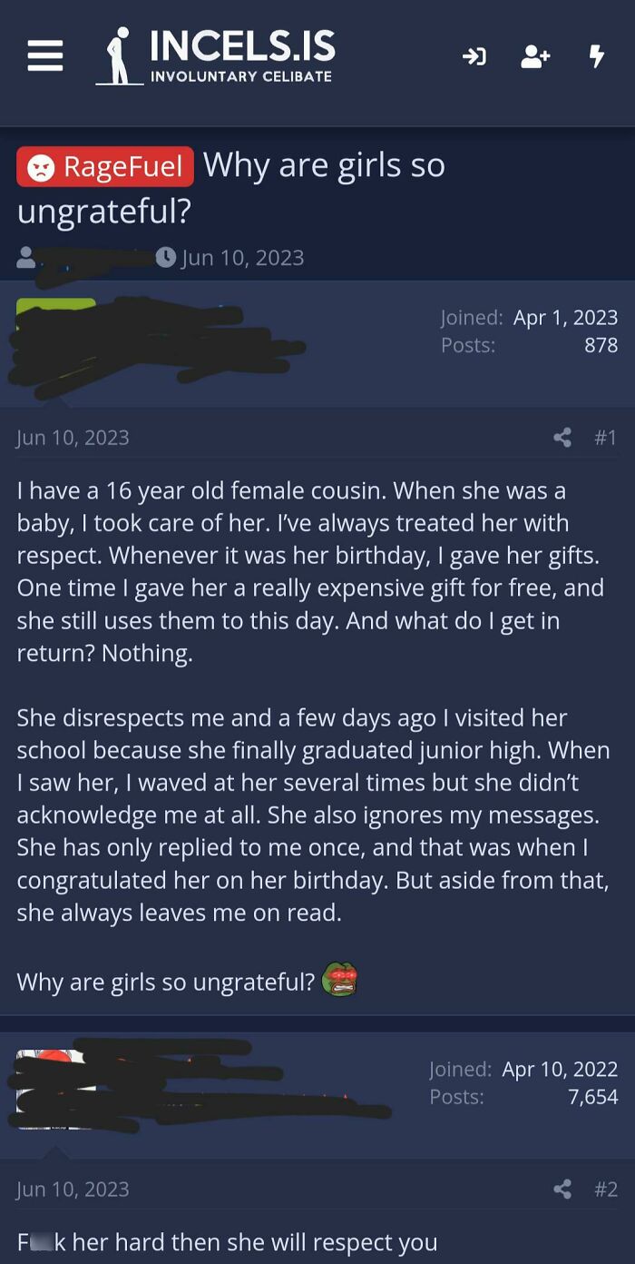 Online incels forum post expressing anger and frustration about feeling unappreciated and disrespected by girls.