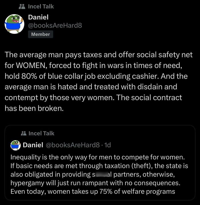 Screenshot of an angry incel post shaming social inequality and taxation, related to incels shamed online.