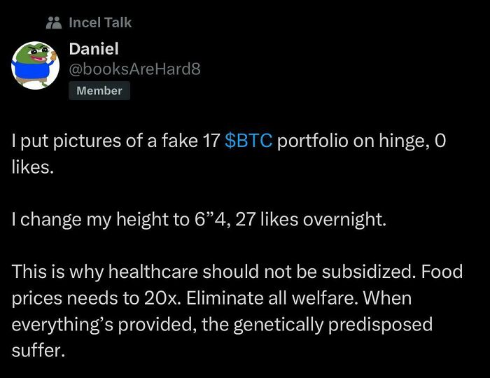 Screenshot of an angry incel's social media post showing frustration and controversial opinions, shamed online.