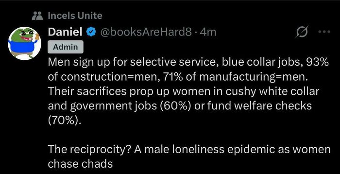 Screenshot of a tweet from an incel criticizing gender roles in jobs and discussing male loneliness and social issues.