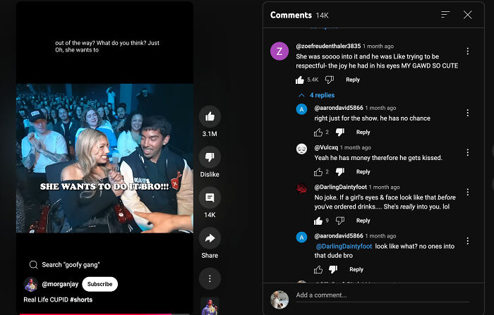 Screenshot of online video with angry incel comment thread showing reactions and shaming in social media discussion.