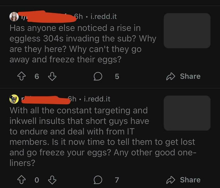 Screenshot of angry incels posting online, shamed with sarcastic comments about freezing eggs and social insults.