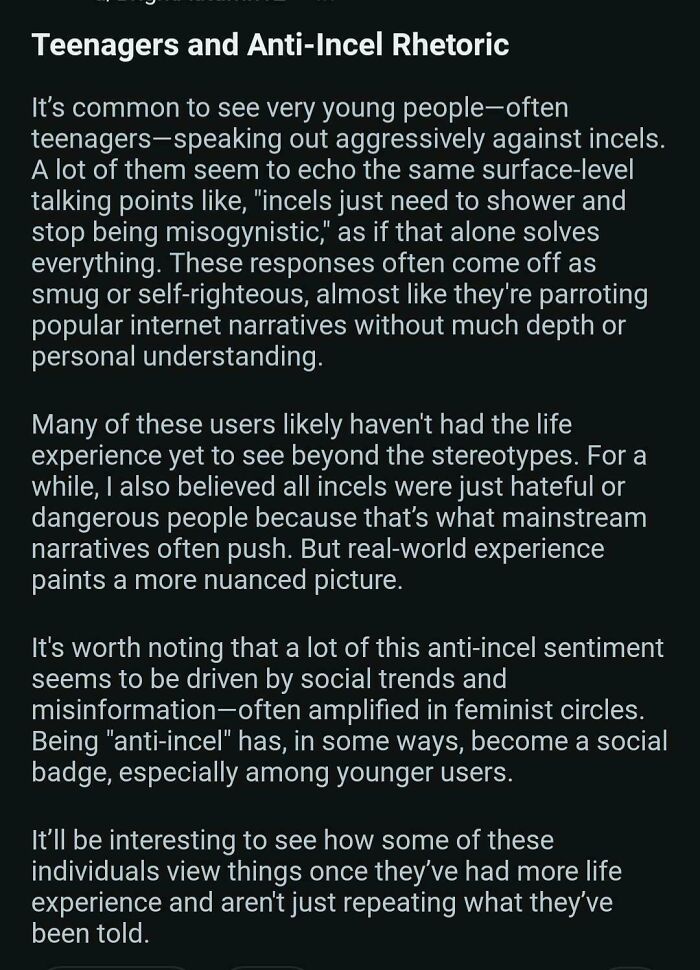 Text discussing teenagers' aggressive anti-incel rhetoric and social trends shaping views on angry incels online.