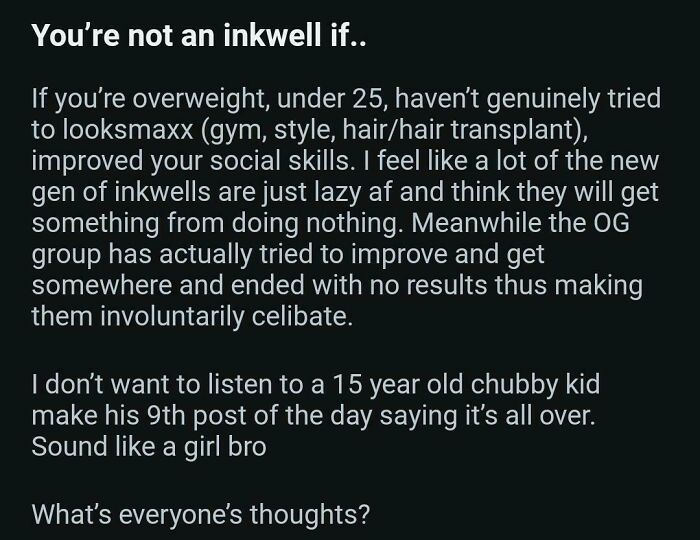 Text post discussing social skills and appearance in incel communities, illustrating angry incels getting shamed online.