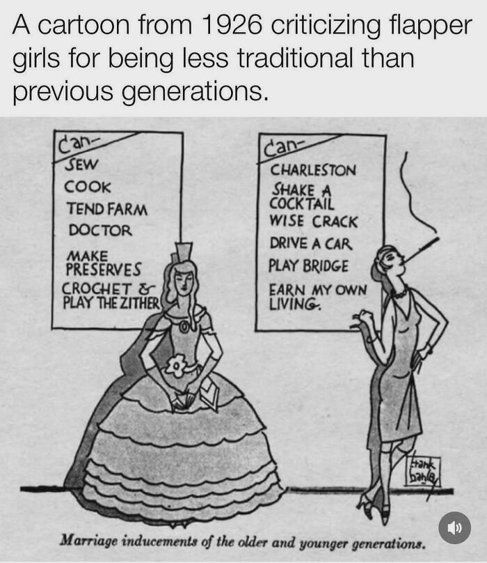 Cartoon from 1926 showing traditional vs modern women with contrasting skills, highlighting debates like those shaming angry incels online.