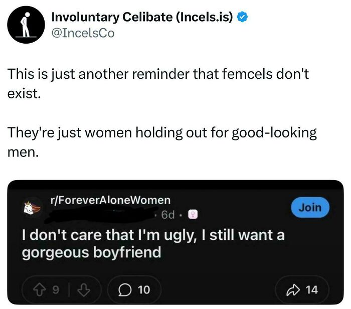 Screenshot of an incel tweet mocking women and a Reddit post from ForeverAloneWomen showing online incel anger and shaming.