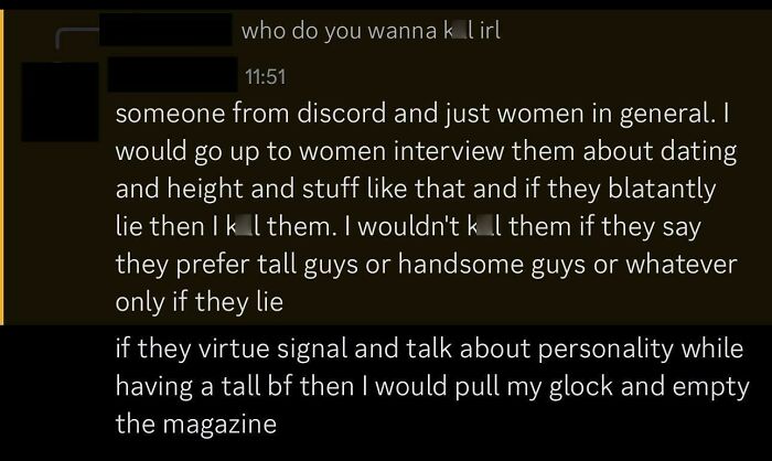 Chat message showing aggressive and violent threats from an angry incel, illustrating online shaming incidents.