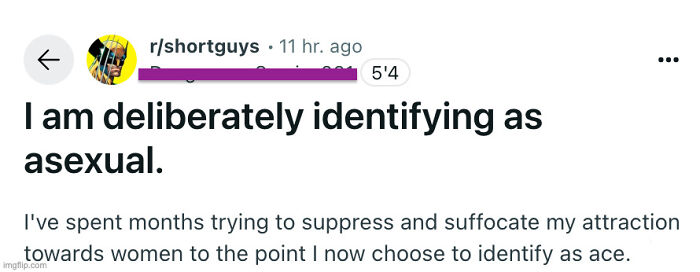 Screenshot from a social media post where an incel shares identifying as asexual, reflecting angry incels shamed online.