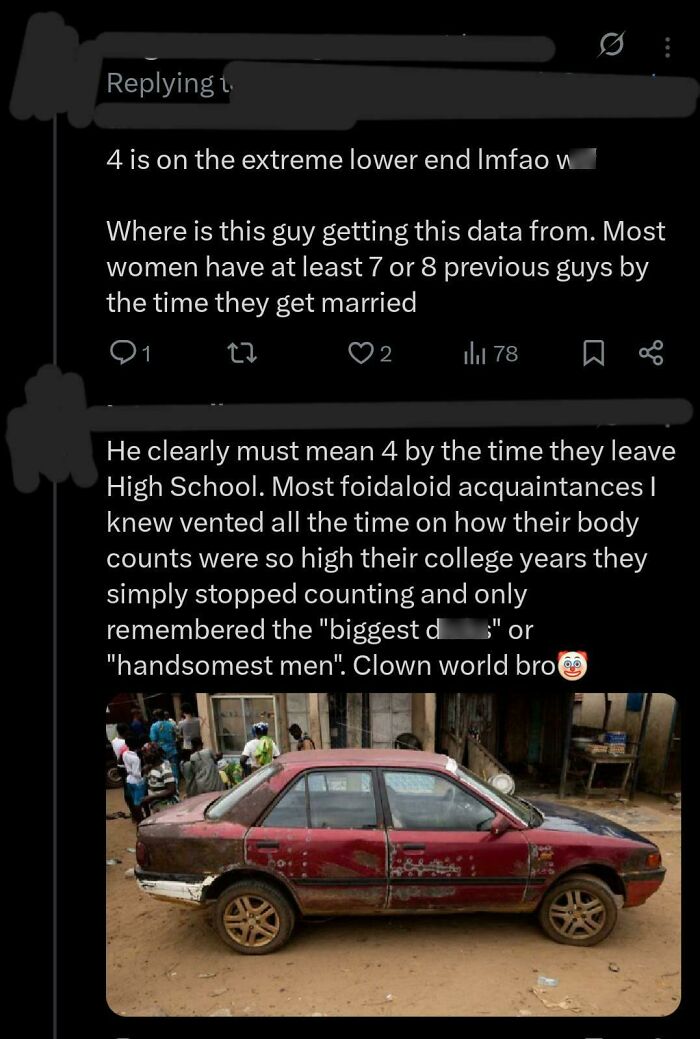 Screenshot of angry incel online conversation debating relationships, accompanied by an old red car with visible damage.