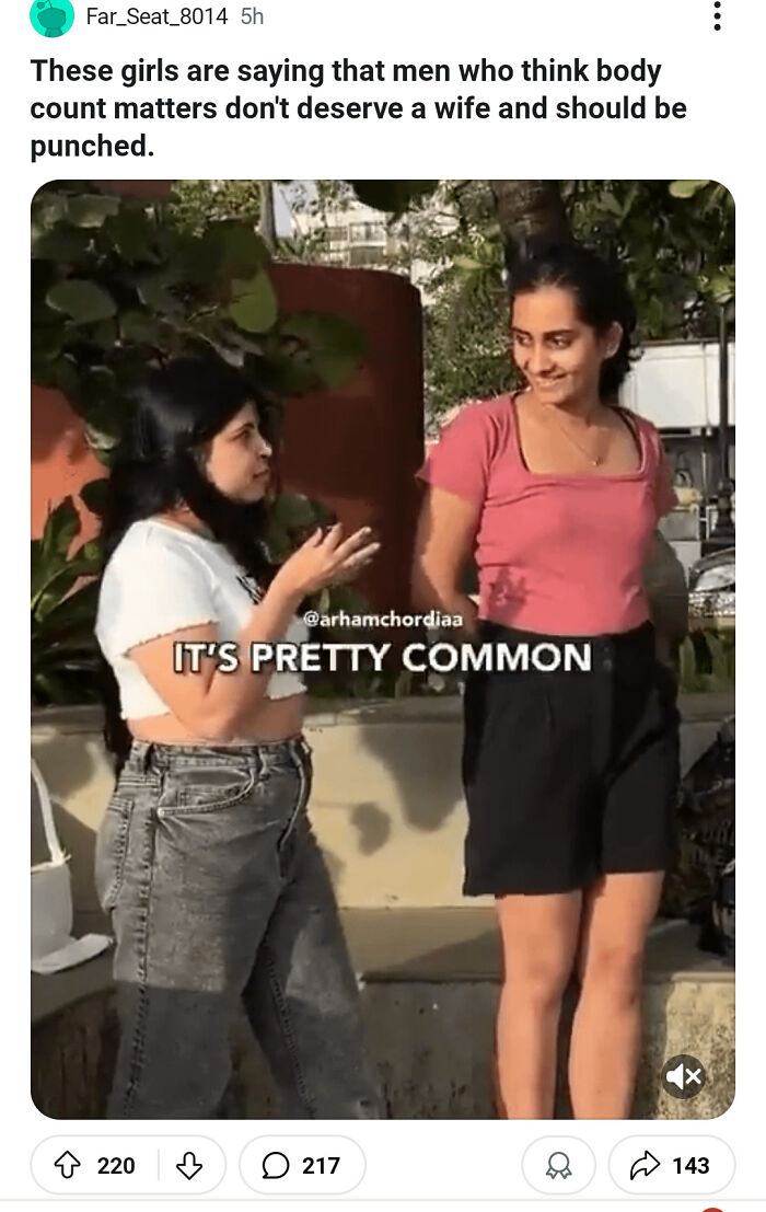 Two women discussing online shaming of angry incels, with text about body count opinions in an outdoor setting.