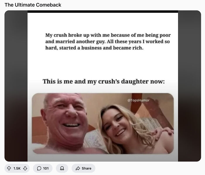 Meme showing a man boasting about success while pictured with his crush’s daughter, highlighting online incel shaming moments.