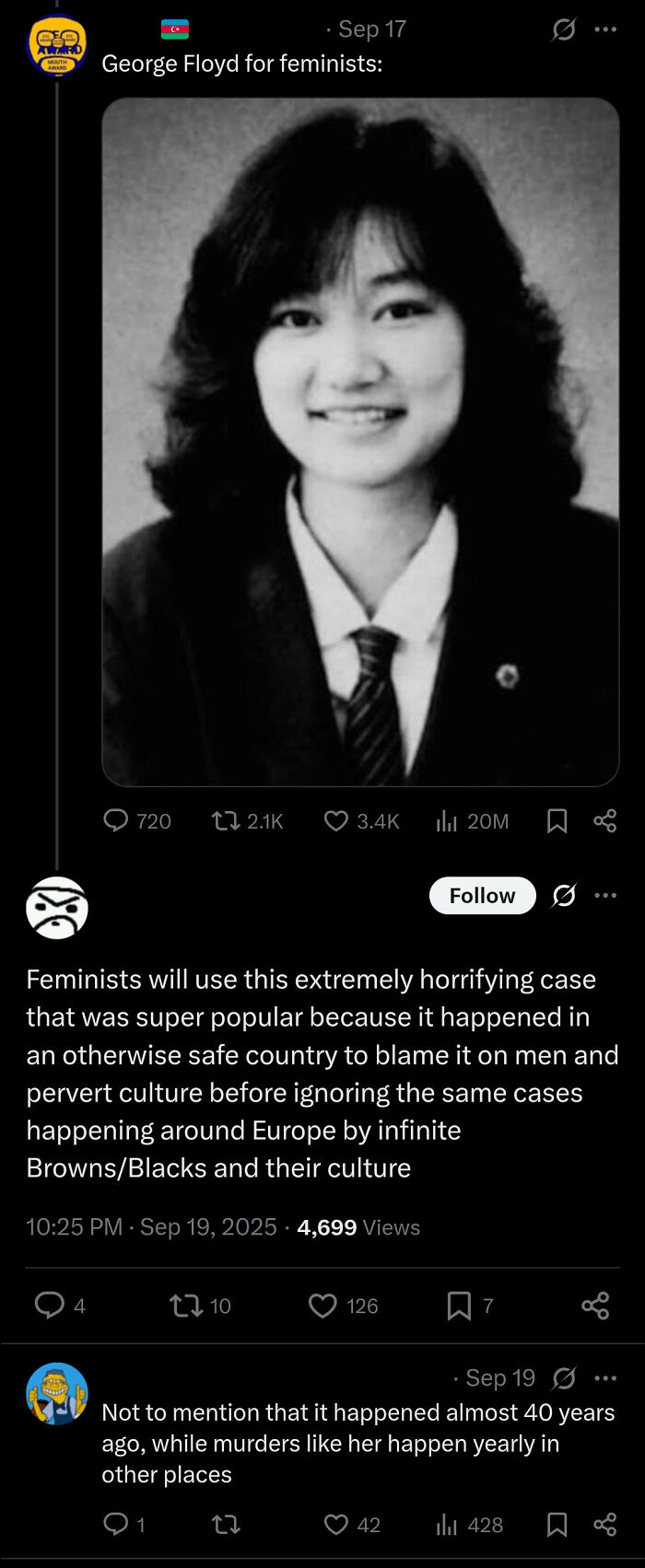 Black and white photo of a young woman shown in an online post discussing angry incels getting shamed.