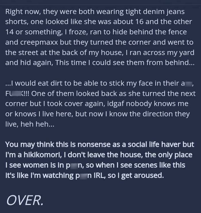 Text screenshot showing a confession from an angry incel describing hiding and feeling aroused, related to online shaming content.