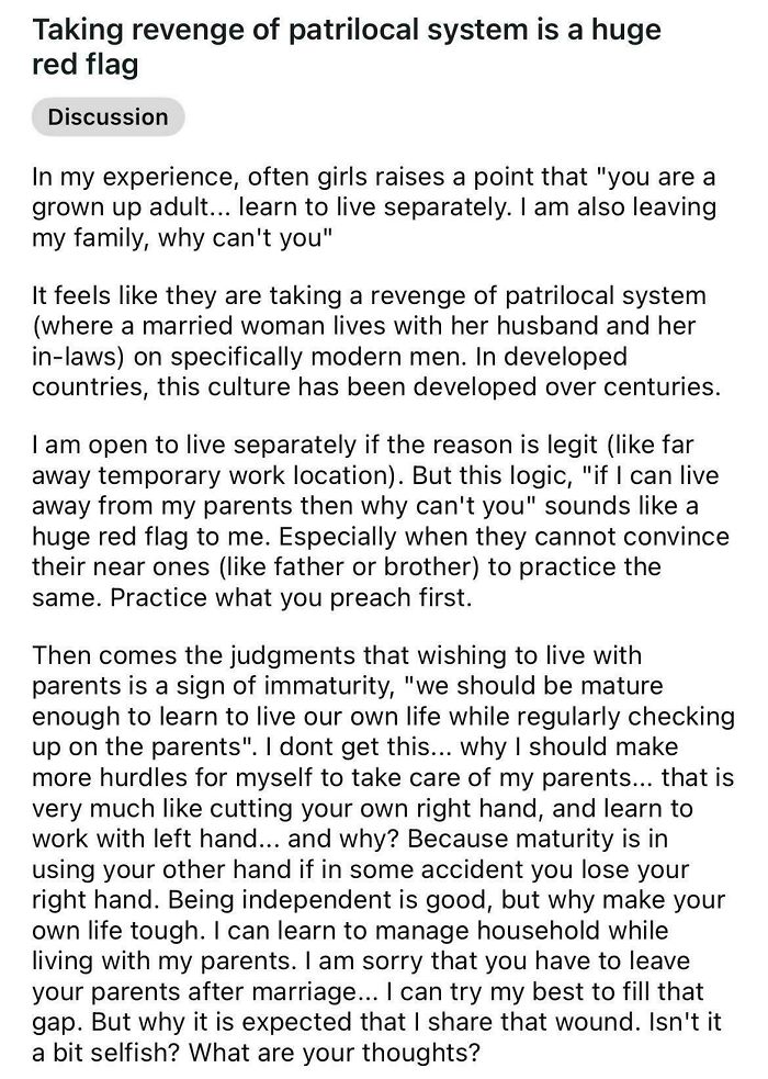 Text post discussing patrilocal system revenge and independence, highlighting anger and frustration common in online incel debates.