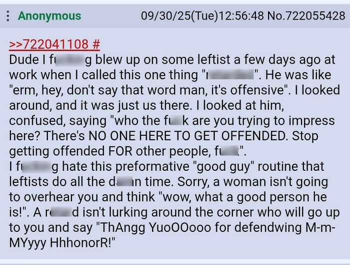 Screenshot of an anonymous angry incel rant shamed online for offensive language and performative behavior.