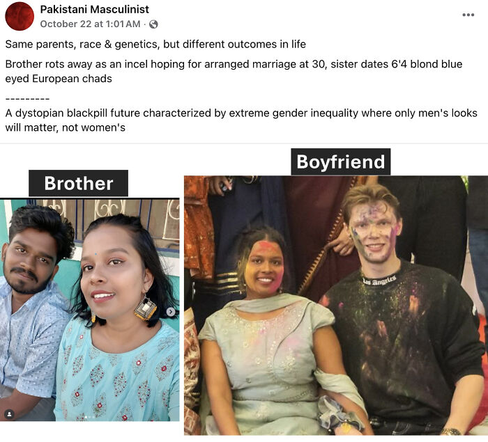 Two side-by-side photos showing a brother and his sister with her boyfriend, highlighting incel shaming online.