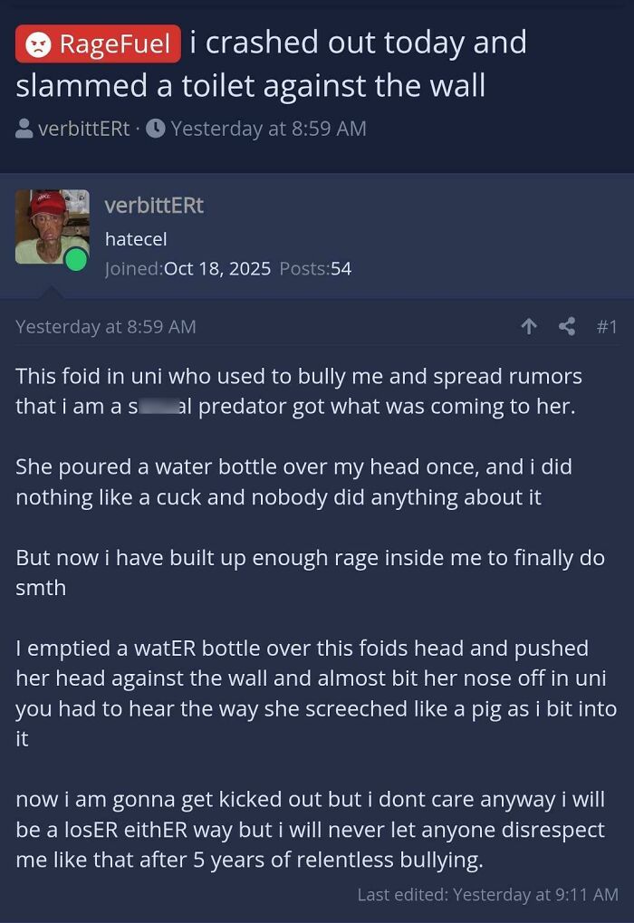 Angry incel ranting about lashing out violently after years of bullying, part of shamed incels online posts.