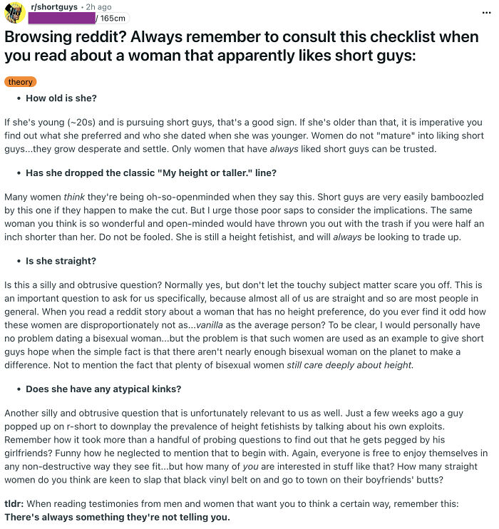 Reddit post discussing a detailed checklist about women who like short guys, highlighting incel shaming online.
