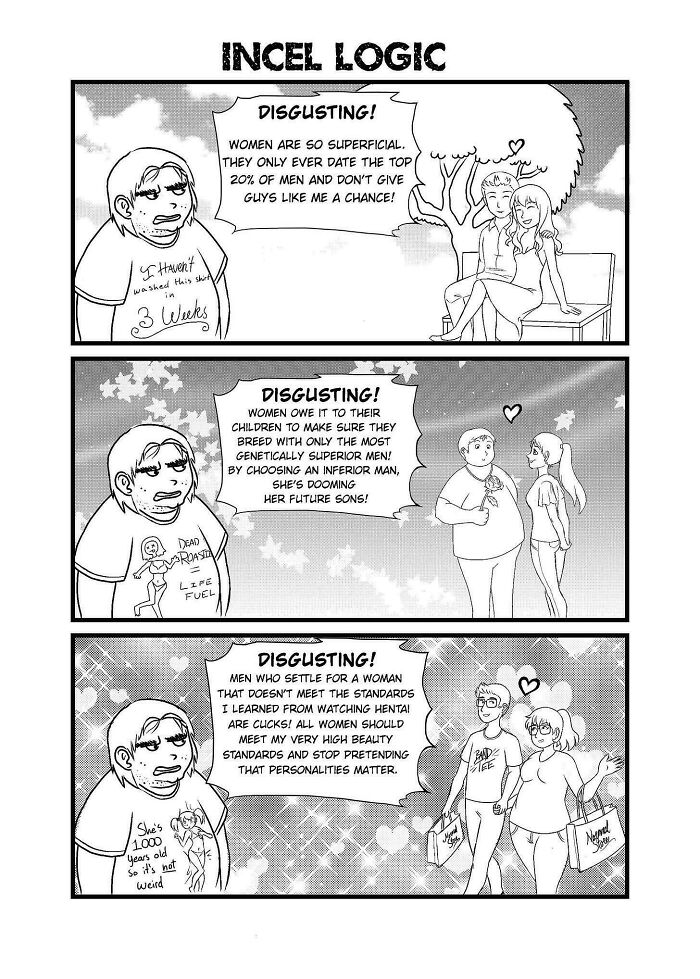 Comic strip titled Incel Logic showing an angry incel angrily complaining about women, illustrating angry incels shamed online.