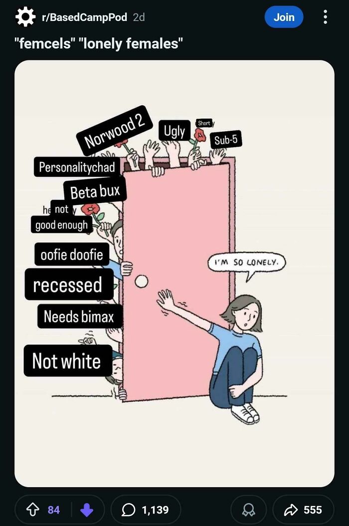 Illustration showing angry incels shaming a lonely person behind a door with various insults and labels.