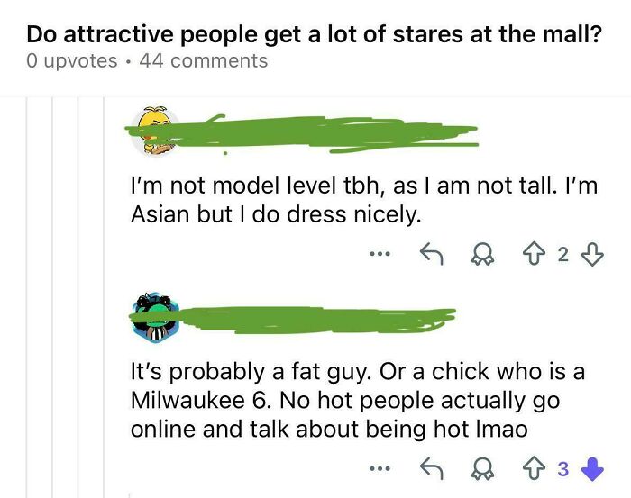 Online comments showing angry incels being shamed with sarcastic remarks about appearance and social status.