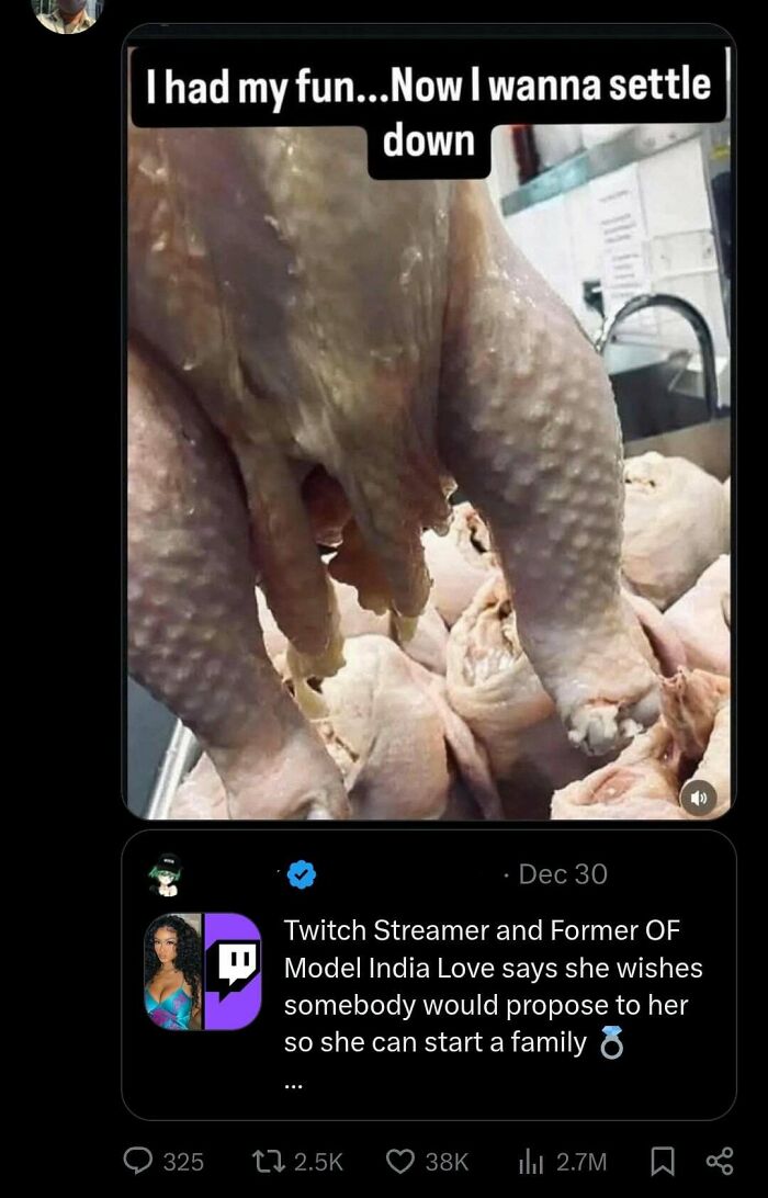 Raw chicken legs with a caption about settling down, shared in a post shaming angry incels online.