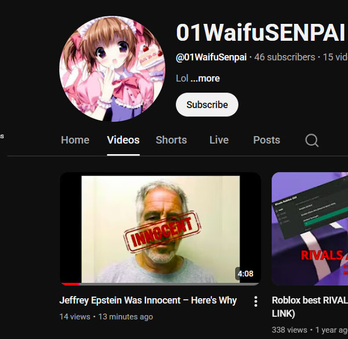 YouTube channel page of 01WaifuSENPAI with video thumbnails showing controversial content and online shaming.