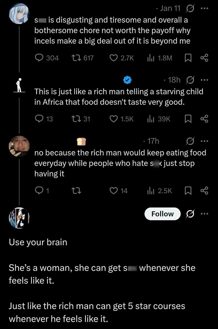 Screenshot of online conversation where angry incels debate and get shamed with sarcastic and critical comments visible.