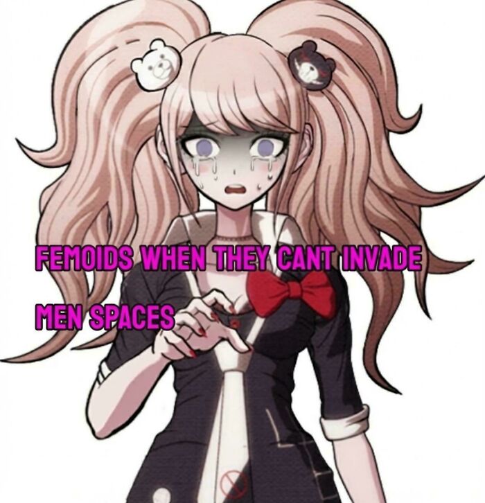 Anime character with tears and distressed expression, caption about angry incels being shamed online in men spaces.