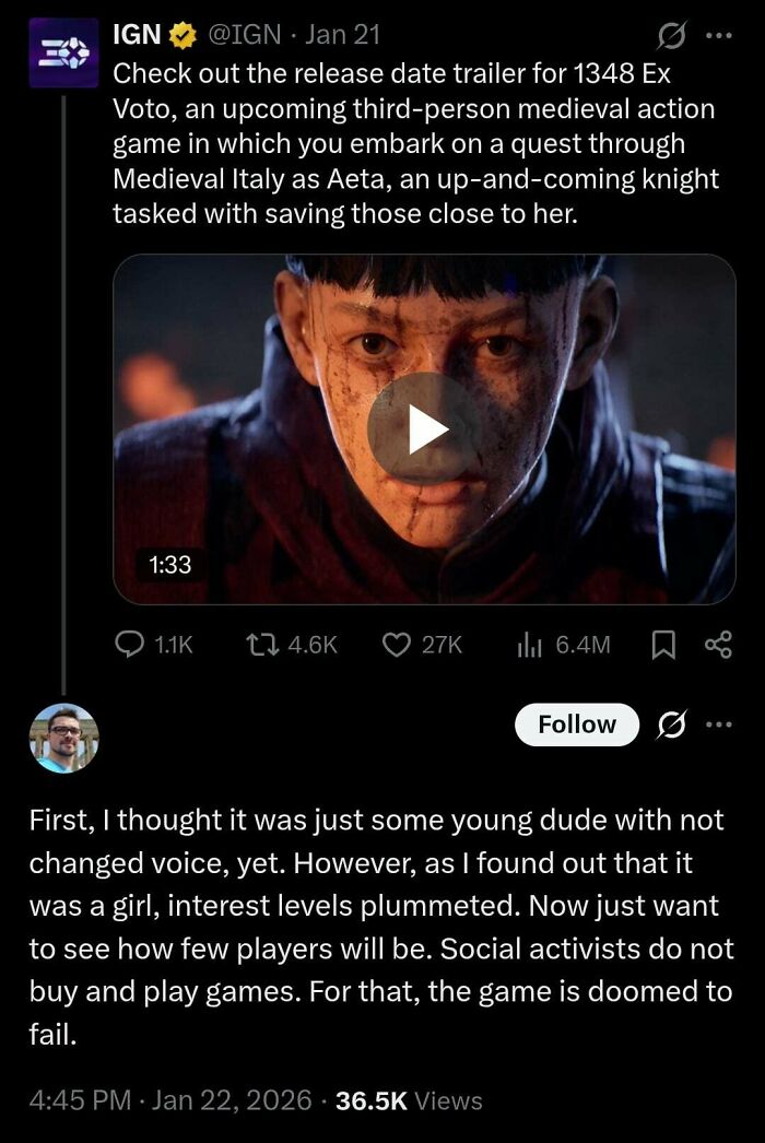 Screenshot of a tweet discussing a medieval action game release with a comment shaming angry incels online.